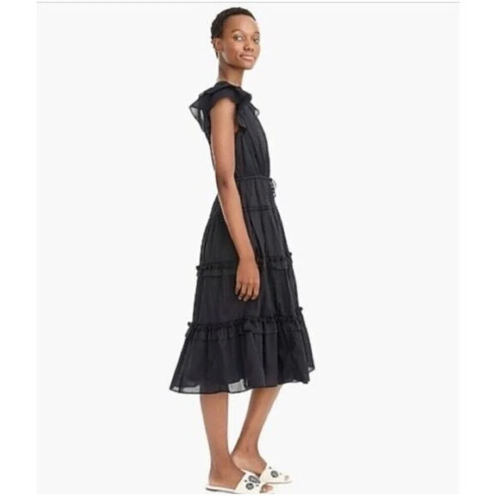 NWT J.Crew Pom-pom Midi in Black Cotton Voile Tiered Dress Size 0 $128 Worn Once